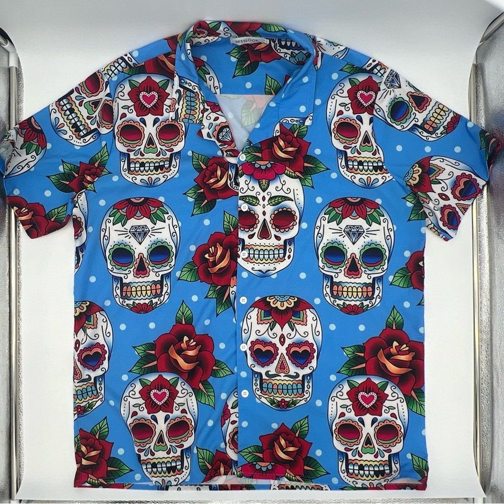 Misslook Day of the Dead Skull Rose Button Up Shirt Men Large Hawaiian Halloween
